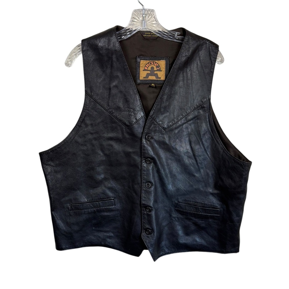 Vtg Phase 2 Leather Vest Mens XL Western Biker Button Front Classic Dark Brown